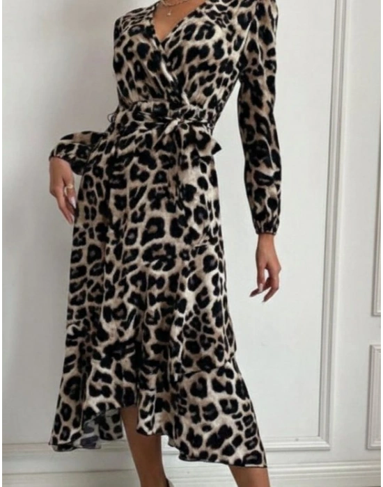 Kadın Uzun Kollu Kruvaze Yaka Yandan Bağlamalı önden Fırfır Detaylı Süprem Uzun Elbise