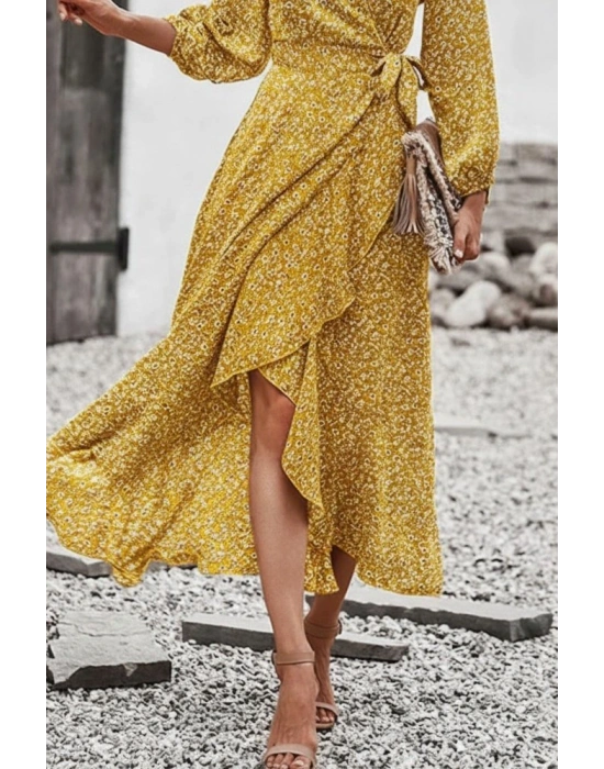 Kadın Uzun Kollu Kruvaze Yaka Yandan Bağlamalı önden Fırfır Detaylı Süprem Uzun Elbise