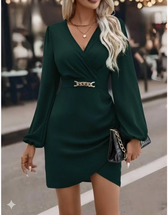 Kadın Uzun Kollu Kruvaze Yaka Yandan Büzgülü Asimetrik Detaylı Ithal Krep Mini Elbise