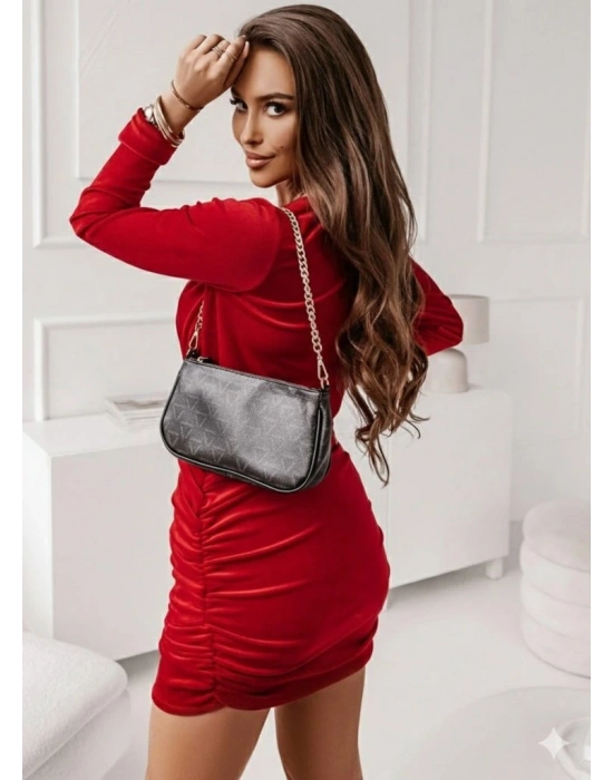 Kadın Uzun Kollu Kruvaze Yaka Yandan Büzgülü Mini Ithal Krep Elbise