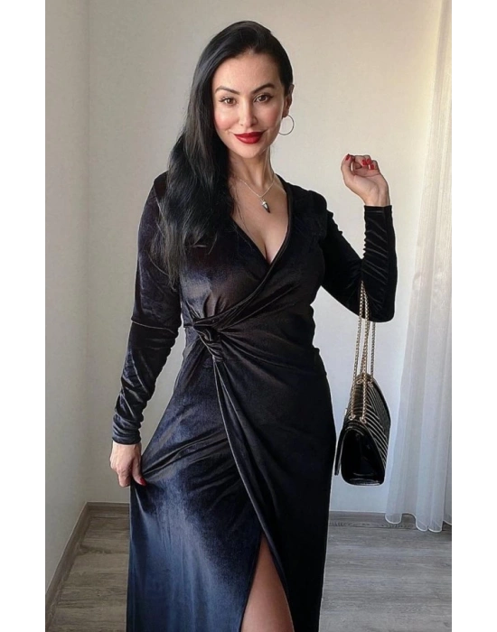 Kadın Uzun Kollu Kruvaze Yaka Yırtmaçlı Kadife Elbise