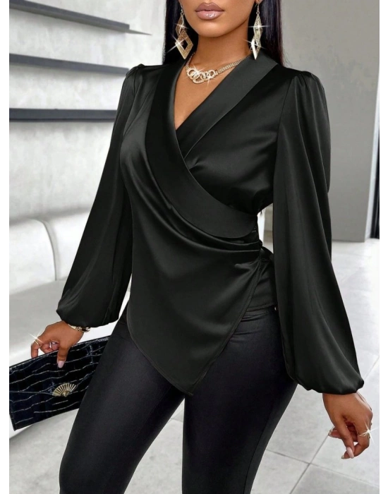 Kadın Uzun Kollu Kruvaze Yakalı Asimetrik Saten Bluz