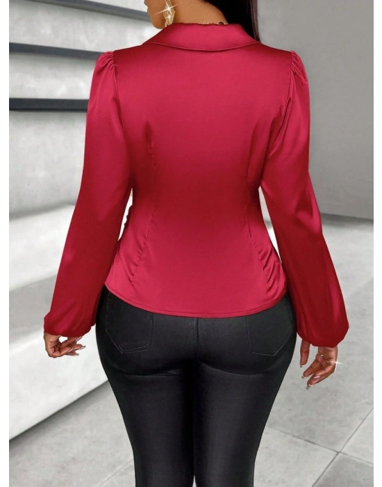 Kadın Uzun Kollu Kruvaze Yakalı Asimetrik Saten Bluz