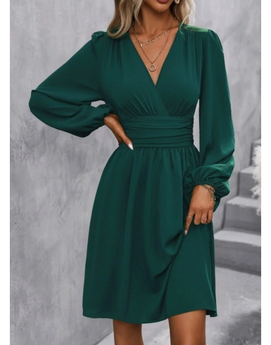 Kadın Uzun Kollu Kruvaze Yakalı Bel Korsajlı Mini Elbise