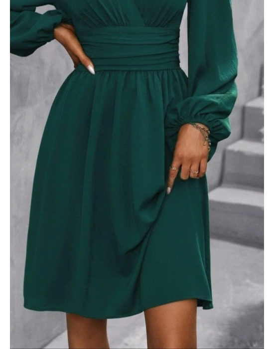 Kadın Uzun Kollu Kruvaze Yakalı Bel Korsajlı Mini Elbise