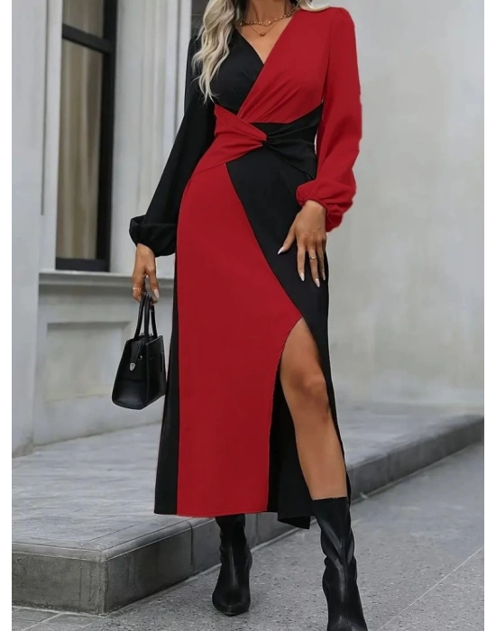 Kadın Uzun Kollu Kruvaze Yakalı Belden çapraz Detaylı çift Renkli Midi Ithal Krep Elbise