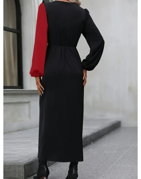 Kadın Uzun Kollu Kruvaze Yakalı Belden çapraz Detaylı çift Renkli Midi Ithal Krep Elbise