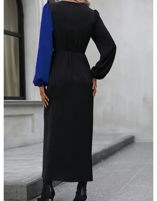 Kadın Uzun Kollu Kruvaze Yakalı Belden çapraz Detaylı çift Renkli Midi Ithal Krep Elbise