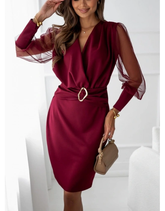 Kadın Uzun Kollu Kruvaze Yakalı Belden Kemerli Mini Ithal Krep Elbise