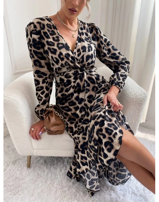 Kadın Uzun Kollu Kruvaze Yakalı Belden Kuşaklı Leopar