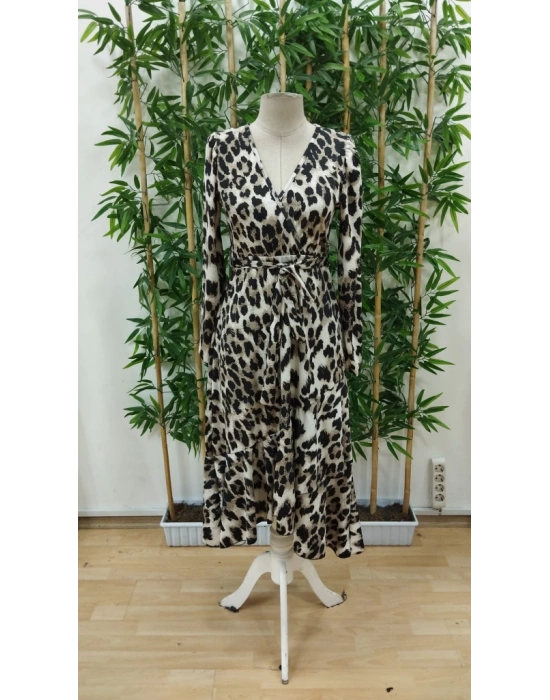 Kadın Uzun Kollu Kruvaze Yakalı Belden Kuşaklı Leopar