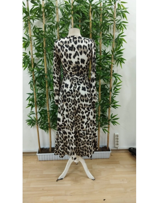 Kadın Uzun Kollu Kruvaze Yakalı Belden Kuşaklı Leopar