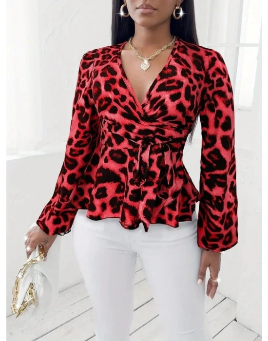 Kadın Uzun Kollu Kruvaze Yakalı Belden Kuşaklı Leopar Desenli Süprem Bluz