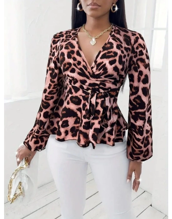 Kadın Uzun Kollu Kruvaze Yakalı Belden Kuşaklı Leopar Desenli Süprem Bluz
