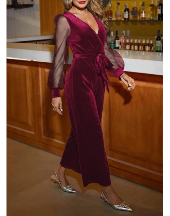 Kadın Uzun Kollu Kruvaze Yakalı Belden Kuşaklı Tül Detaylı Kadife Tulum