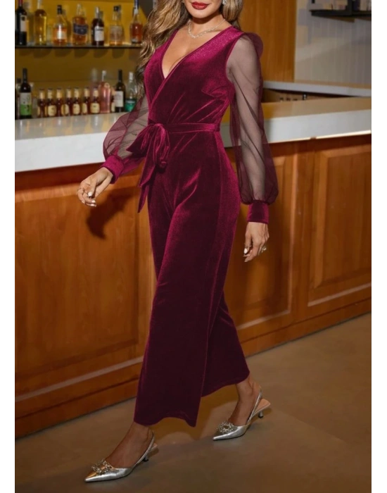 Kadın Uzun Kollu Kruvaze Yakalı Belden Kuşaklı Tül Detaylı Kadife Tulum