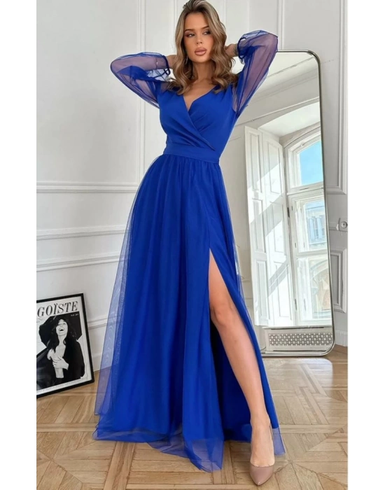 Kadın Uzun Kollu Kruvaze Yakalı Belden Kuşaklı Tüllü Uzun Ithal Krep Elbise