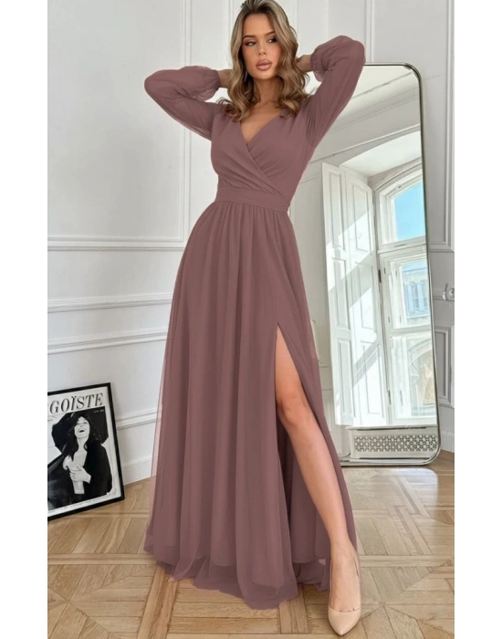 Kadın Uzun Kollu Kruvaze Yakalı Belden Kuşaklı Tüllü Uzun Ithal Krep Elbise