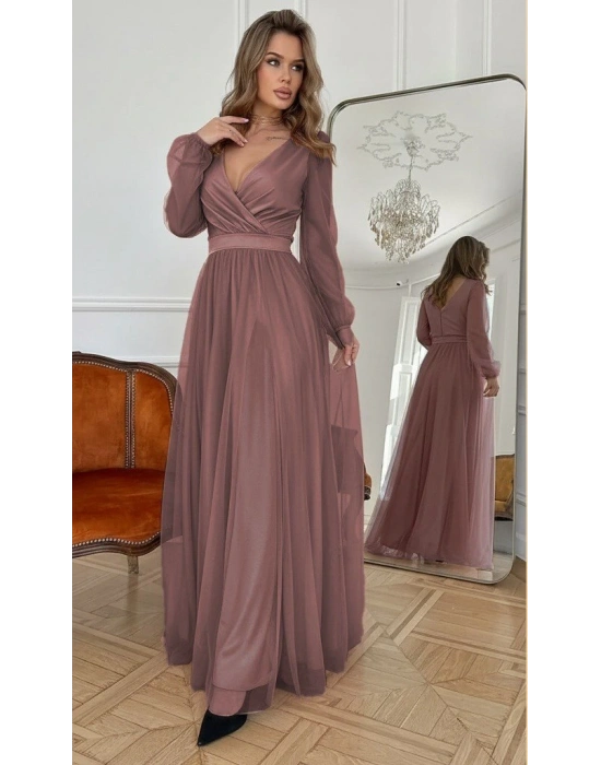 Kadın Uzun Kollu Kruvaze Yakalı Belden Kuşaklı Tüllü Uzun Ithal Krep Elbise