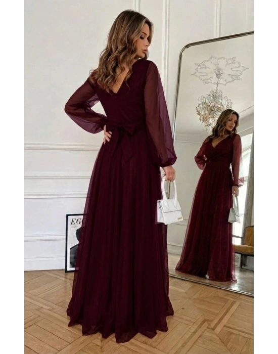 Kadın Uzun Kollu Kruvaze Yakalı Belden Kuşaklı Tüllü Uzun Ithal Krep Elbise