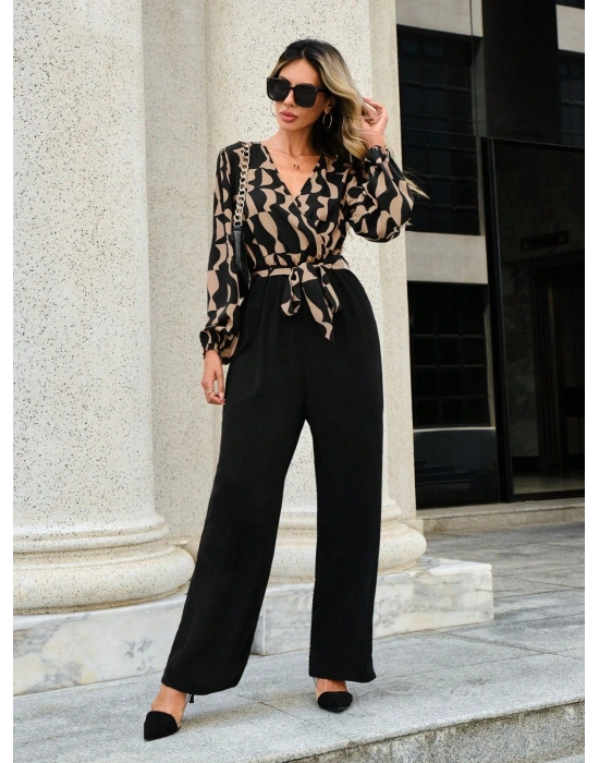 Kadın Uzun Kollu Kruvaze Yakalı Belden Kuşaklı üst Dalgıç Alt Ithal Krep Tulum