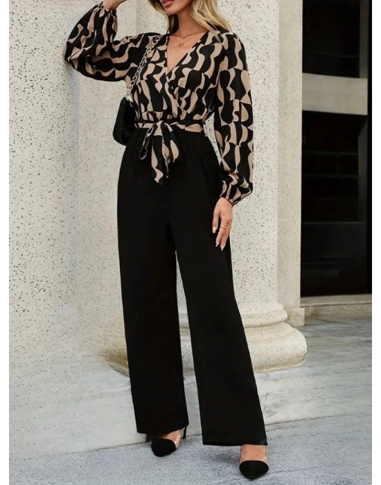 Kadın Uzun Kollu Kruvaze Yakalı Belden Kuşaklı üst Dalgıç Alt Ithal Krep Tulum