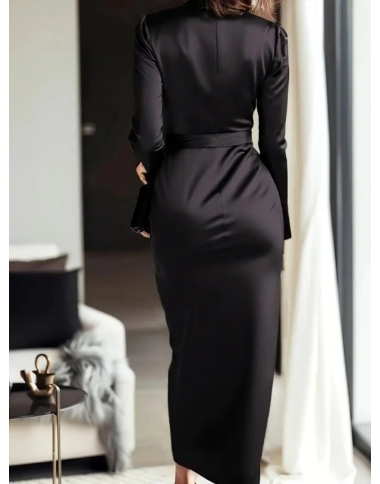 Kadın Uzun Kollu Kruvaze Yakalı Beli Kuşaklı Uzun Saten Elbise