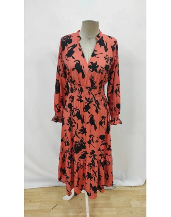 Kadın Uzun Kollu Kruvaze Yakalı çiçek Desenli Maksi Süprem Elbise