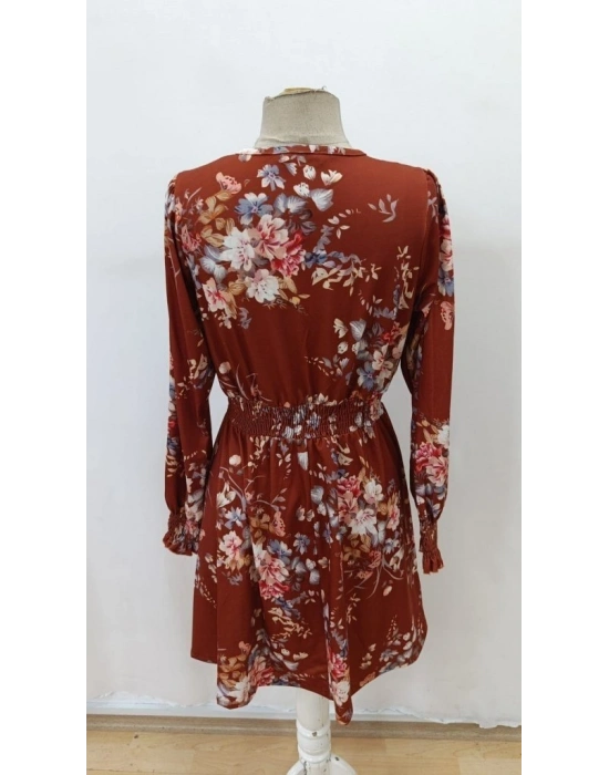 Kadın Uzun Kollu Kruvaze Yakalı çiçek Desenli Mini Süprem Elbise