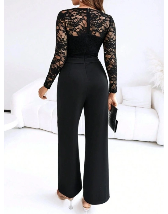 Kadın Uzun Kollu Kruvaze Yakalı Dantelli önünde Toka Detaylı Uzun Ithal Krep Tulum