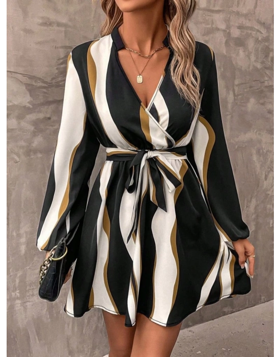 Kadın Uzun Kollu Kruvaze Yakalı Desenli Modal Mini Elbise