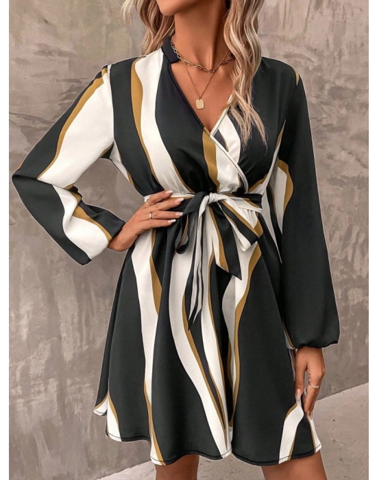 Kadın Uzun Kollu Kruvaze Yakalı Desenli Modal Mini Elbise
