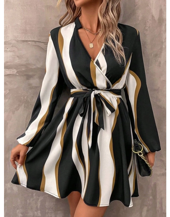 Kadın Uzun Kollu Kruvaze Yakalı Desenli Modal Mini Elbise