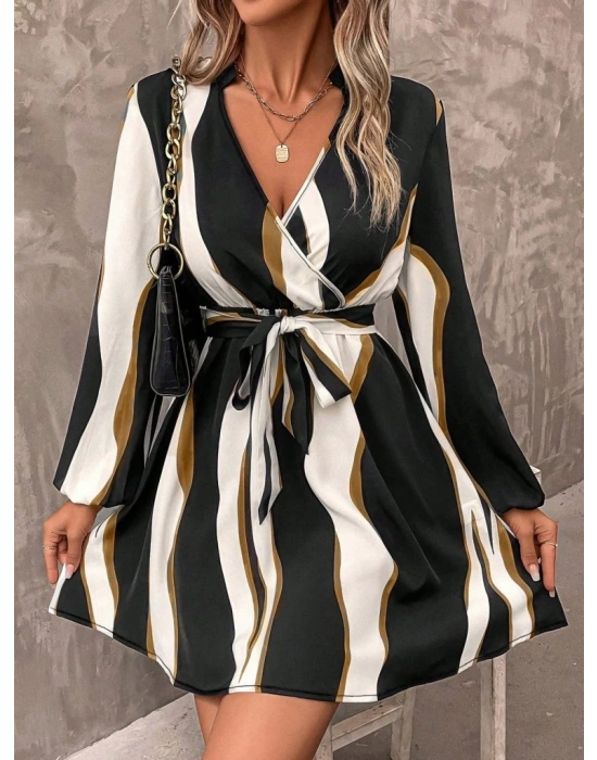 Kadın Uzun Kollu Kruvaze Yakalı Desenli Modal Mini Elbise