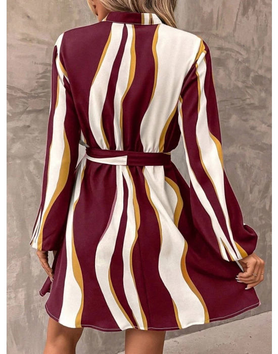 Kadın Uzun Kollu Kruvaze Yakalı Desenli Modal Mini Elbise