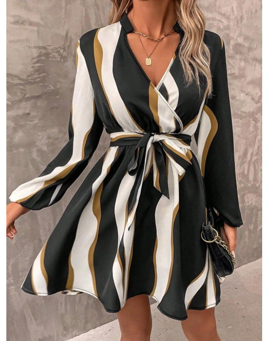 Kadın Uzun Kollu Kruvaze Yakalı Desenli Modal Mini Elbise