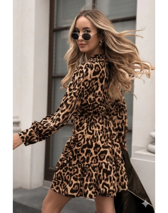 Kadın Uzun Kollu Kruvaze Yakalı Fırfırlı Belden Kuşaklı Leopar Desen Modal Elbise