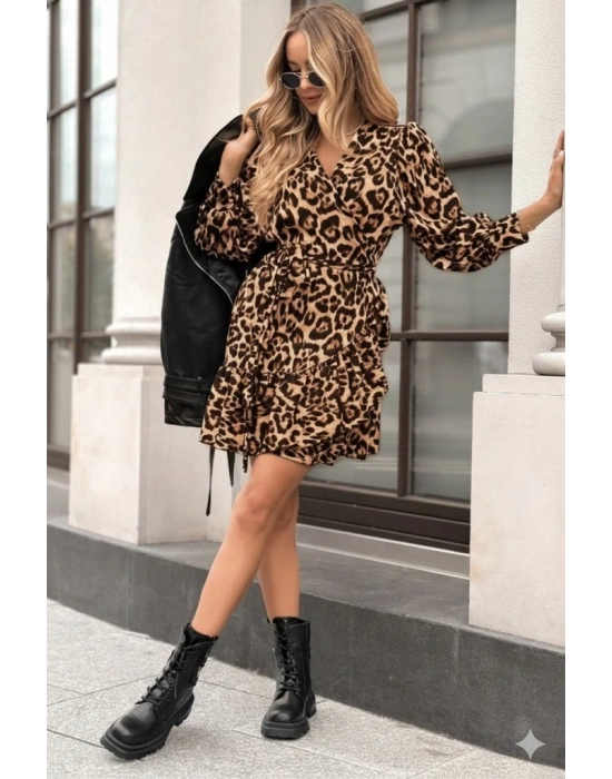 Kadın Uzun Kollu Kruvaze Yakalı Fırfırlı Belden Kuşaklı Leopar Desen Modal Elbise