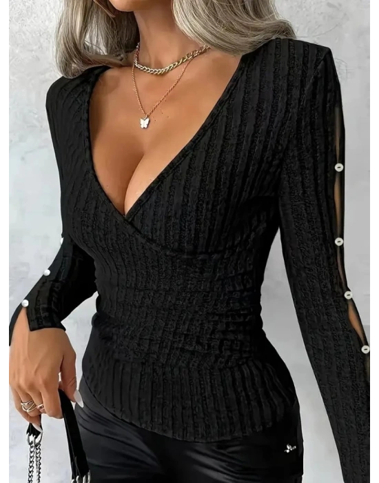 Kadın Uzun Kollu Kruvaze Yakalı Incili şardonlu Kaşkorse Bluz