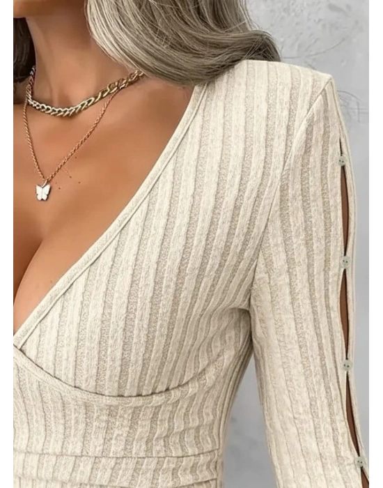 Kadın Uzun Kollu Kruvaze Yakalı Incili şardonlu Kaşkorse Bluz