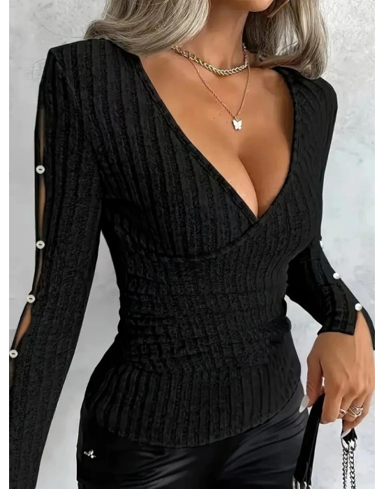 Kadın Uzun Kollu Kruvaze Yakalı Incili şardonlu Kaşkorse Bluz