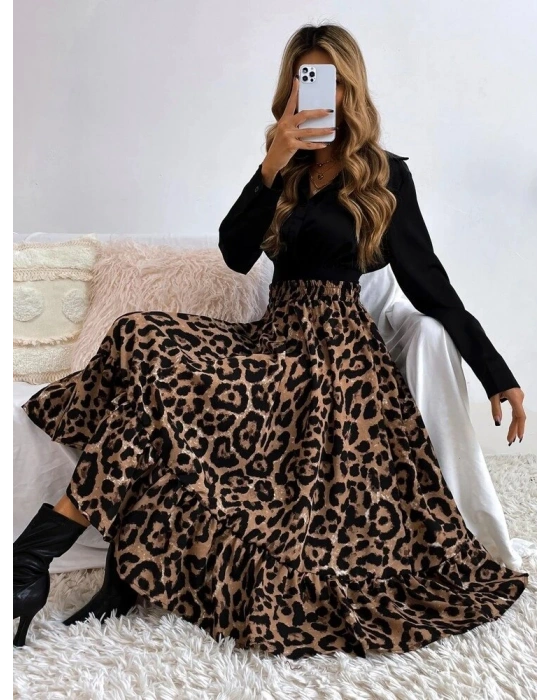 Kadın Uzun Kollu Kruvaze Yakalı Ithal Krep Bluz Ve Leopar Desenli Süprem Uzun Elbise