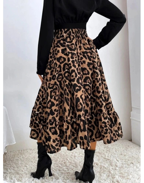 Kadın Uzun Kollu Kruvaze Yakalı Ithal Krep Bluz Ve Leopar Desenli Süprem Uzun Elbise