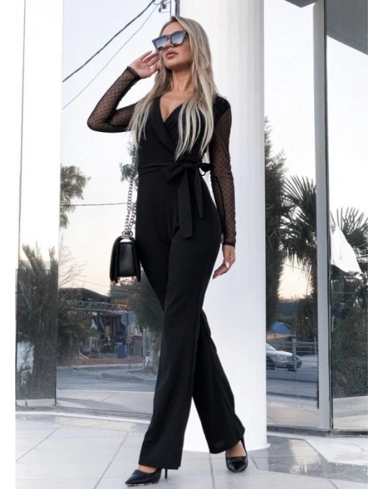 Kadın Uzun Kollu Kruvaze Yakalı Kolları Tül Detay Beli Kuşaklı Ithal Krep Tulum