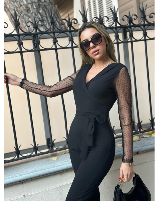 Kadın Uzun Kollu Kruvaze Yakalı Kolları Tül Detay Beli Kuşaklı Ithal Krep Tulum