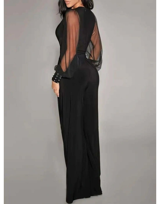 Kadın Uzun Kollu Kruvaze Yakalı Kolları Tüllü Viskon Tulum