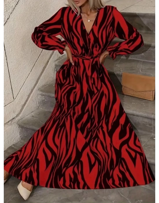 Kadın Uzun Kollu Kruvaze Yakalı Kuşaklı Zebra Desenli Süprem Maxi Elbise