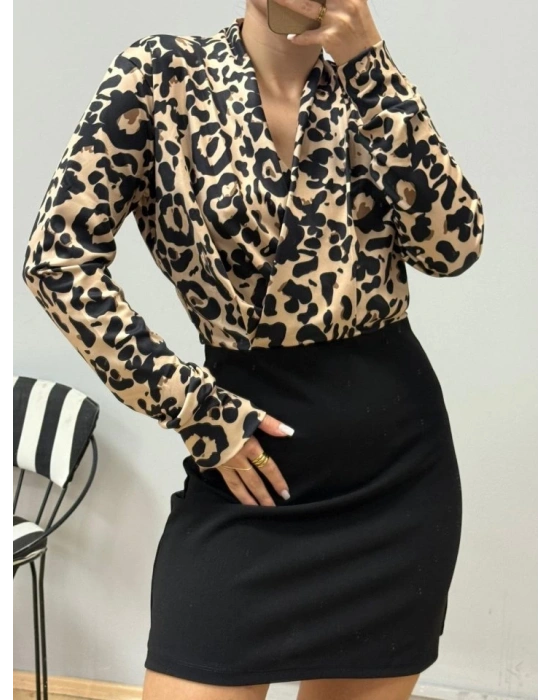 Kadın Uzun Kollu Kruvaze Yakalı üst Dalgıç Alt Ithal Krep Mini Elbise