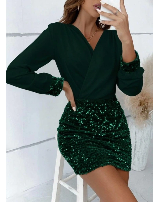 Kadın Uzun Kollu Kruvaze Yakalı üst Ithal Krep Alt Pulpayetli Mini Ithal Krep Elbise