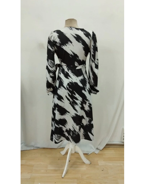 Kadın Uzun Kollu Kruvaze Yakalı Yandan Bağlamalı Desenli Mini Modal Elbise